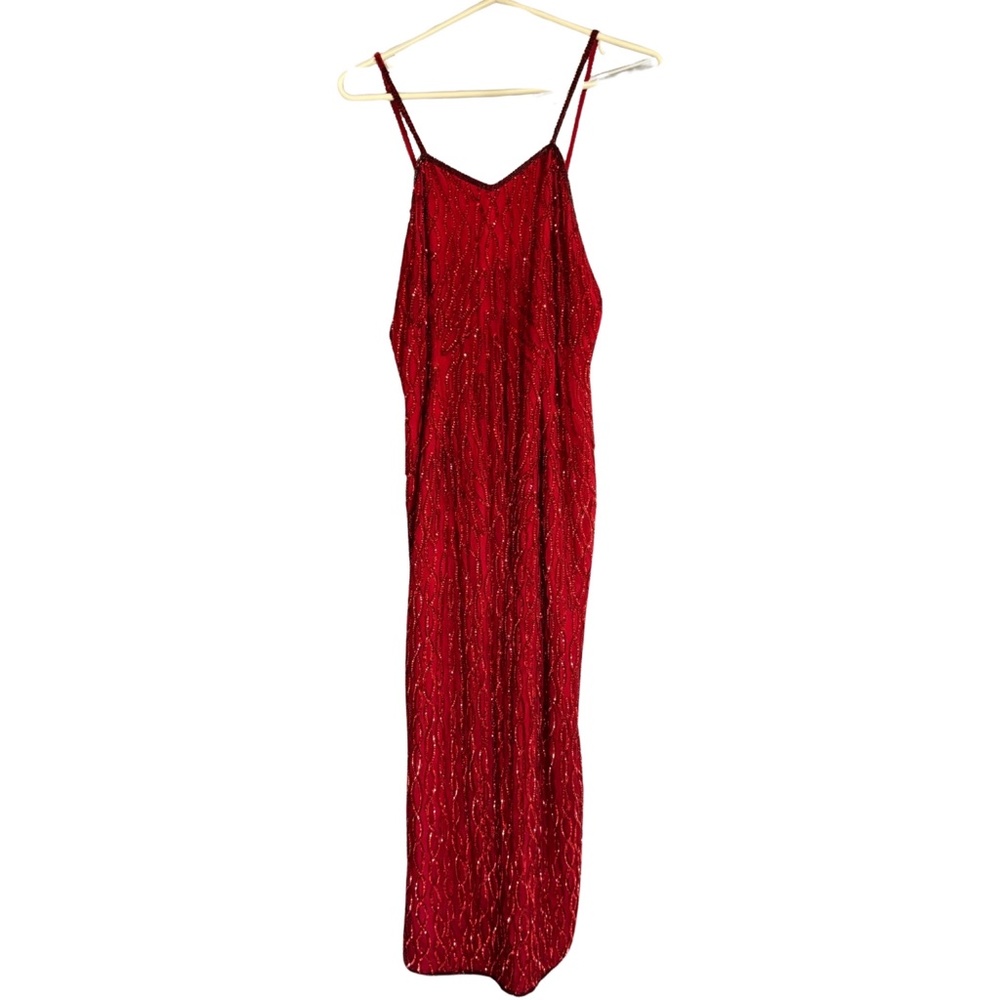 Vintage 90's Red Beaded Silk Full Length Evening Dress - XL